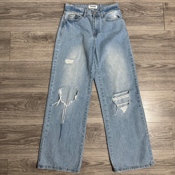 RSQ Denim - RSQ Womens Mid Waisted Wide Leg Distressed Jeans Blue Size 25 Organic Cotton